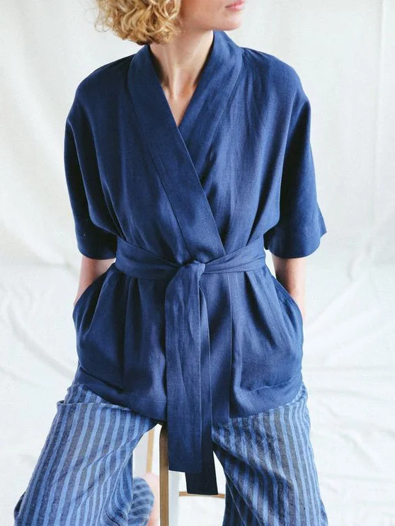 Cotton And Linen Loose Jacket In Navy Blue
