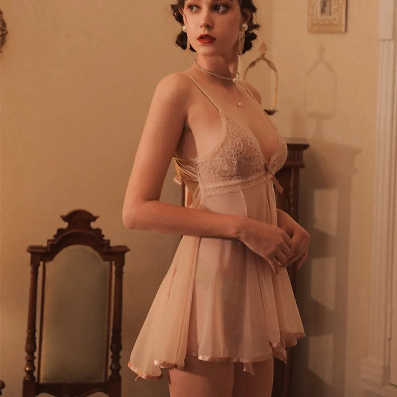 Summer Women Sleepwear Sexy Nightdress Lace-up Bow Beauty Back Sexy Nightgown Gauze Mesh Nightgowns with Panty Lingerie Dress
