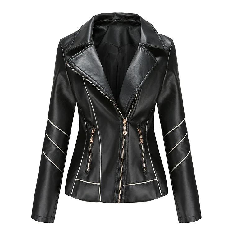 Women's PU Jacket Lapel V-Neck Zipper Slim Fit Motorcycle Byker Jacket 4Colors