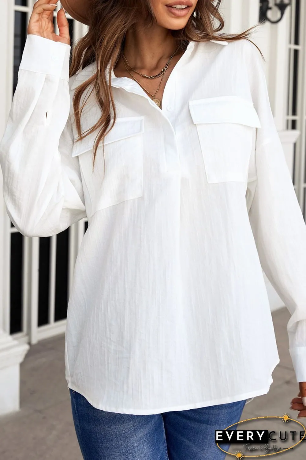 White Buttoned Long Sleeve Shirt with Pocket