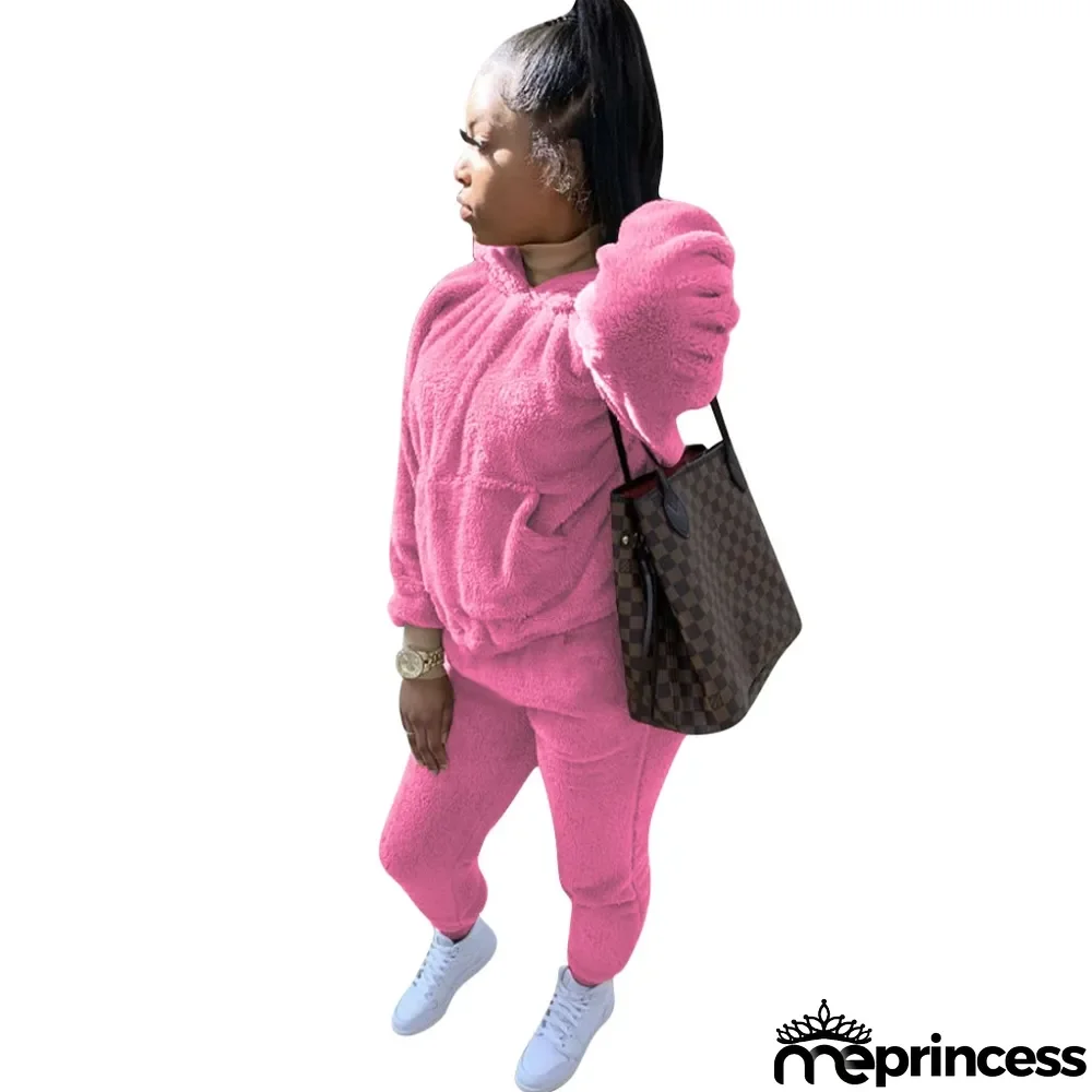 Winter Matching Two Piece Solid Color Plush Hoodie Sweatsuit