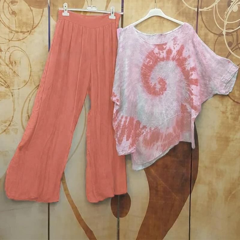Round Neck Print Tops Wide-Legged Pants Two-Piece Suit