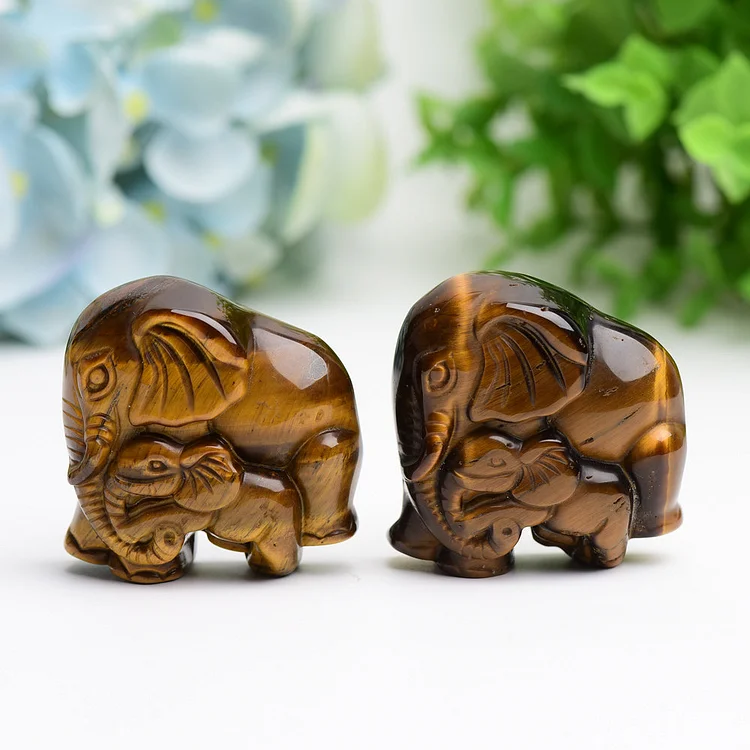 1.8" Tiger's Eye Mother&Baby Elephant Animal Crystal Carving