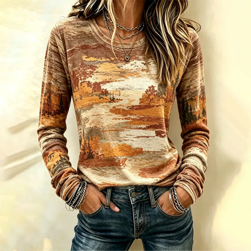 Comstylish Women's Autumn Abstract Oil Painting Art Print Long-sleeve Top