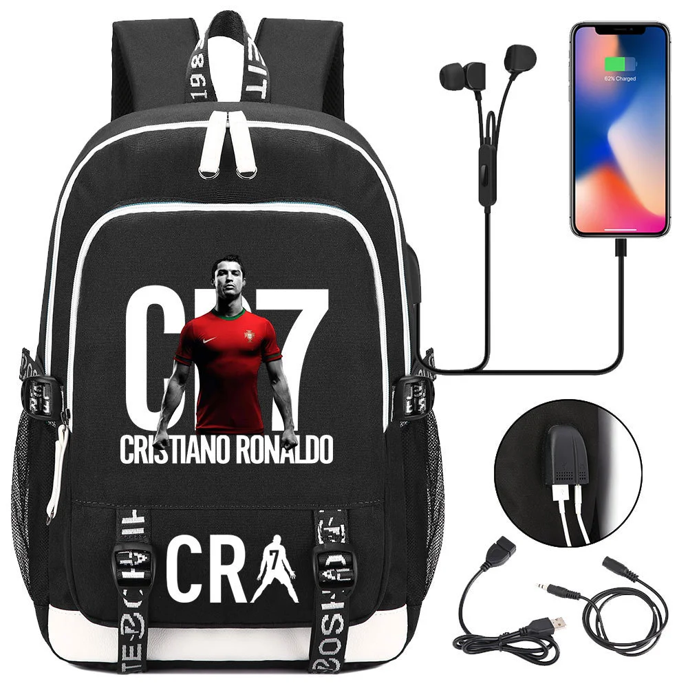 Buzzdaisy Cristiano Ronaldo Printed Backpack with USB Charging Port and Laptop Protection - Multi-Pocket Large Capacity Schoolbag