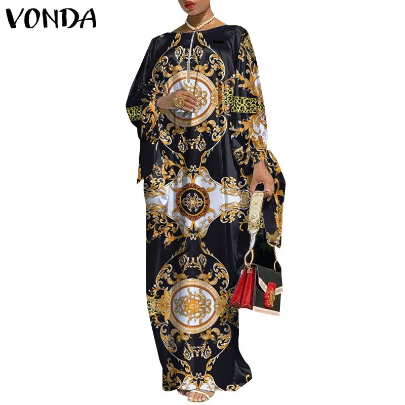 VONDA Robes Women 2022 Vintage Printed Long Sleeve Dresses Casual Loose Bohemian Vestidos Summer Casual Loose Long Maxi Sundress