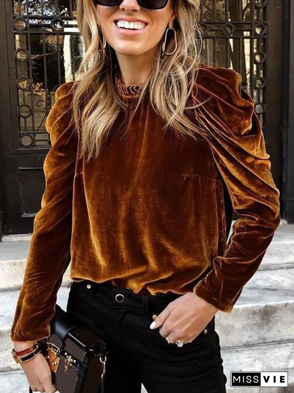 Ruffled Neck Plain Velvet Top