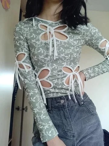 pornhint Pornhint ALLNeon Vintage Butterfly Hollow Out Bandage Long Sleeve T-shirts Streetwear 90s Print O-neck Green Tops Y2K Fashion Outfits