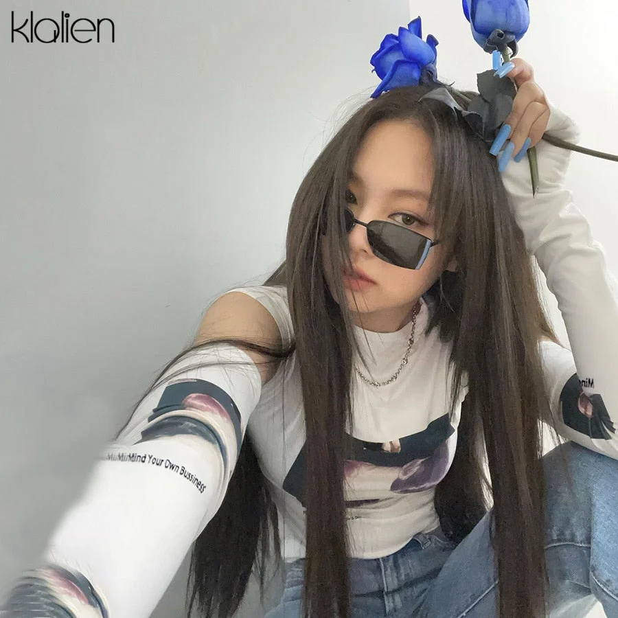 KLALIEN Women Casual White Print Slim Skinny Stretch Removable Sleeves O Neck Female T Shirt 2022 New Spring Summer Women Top