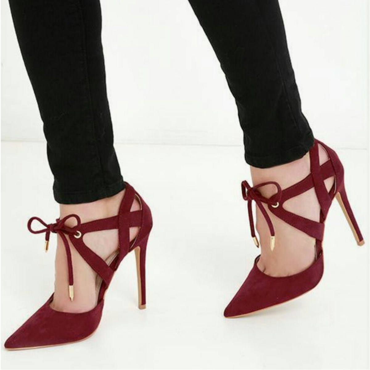 Burgundy Vegan Suede Pointed Toe Cut Out Lace Up Pumps Heels