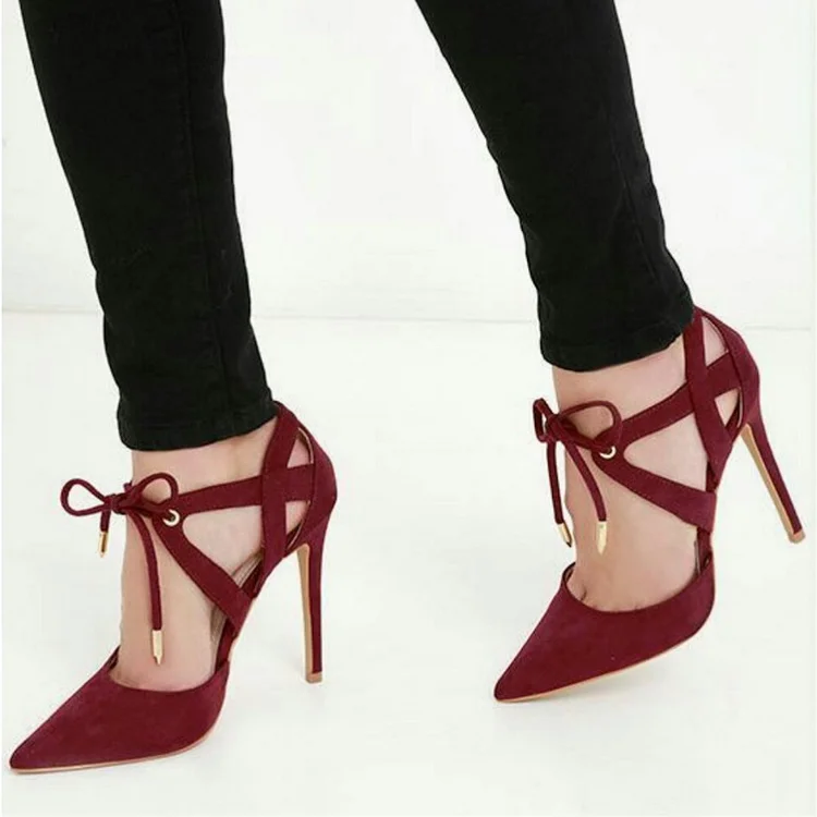 Burgundy Lace up Heels Vegan Suede Cutout Pointy Toe Pumps Shoes |FSJ Shoes