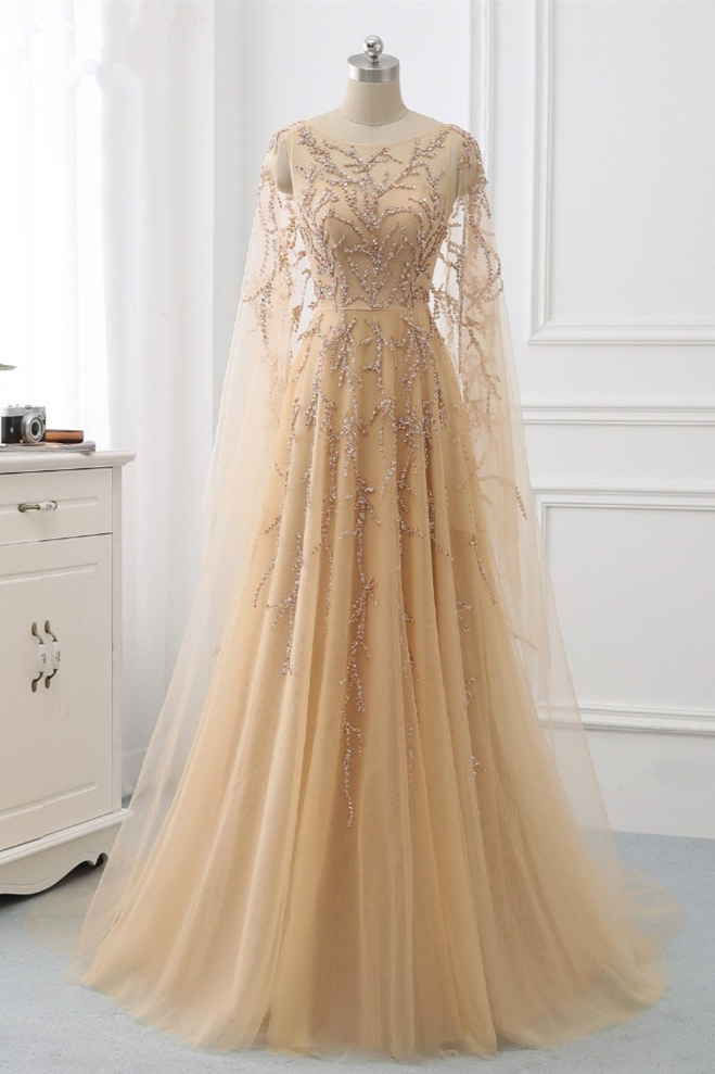 Oknass Jewel Long Sleeves A Line Evening Dress Long Tulle With Beading