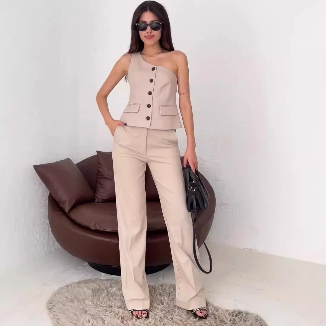 Toloer Toloer 2023 New Fashion Inclined Shoulder Sleeveless High Waist Straight Pants Casual Suit-Outfit Ideas