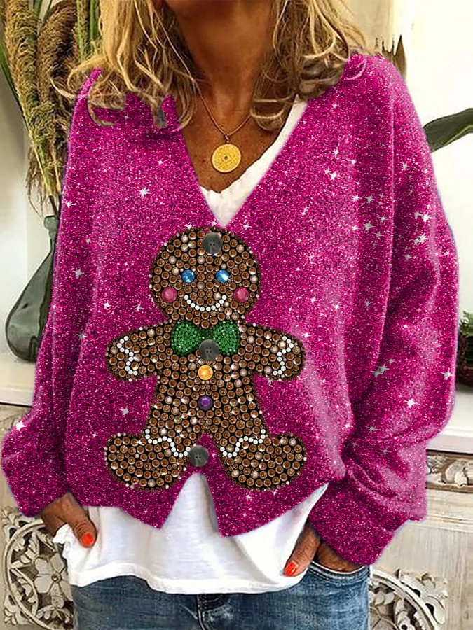 Women's Christmas Sequin Print Flannel Loose Cardigan