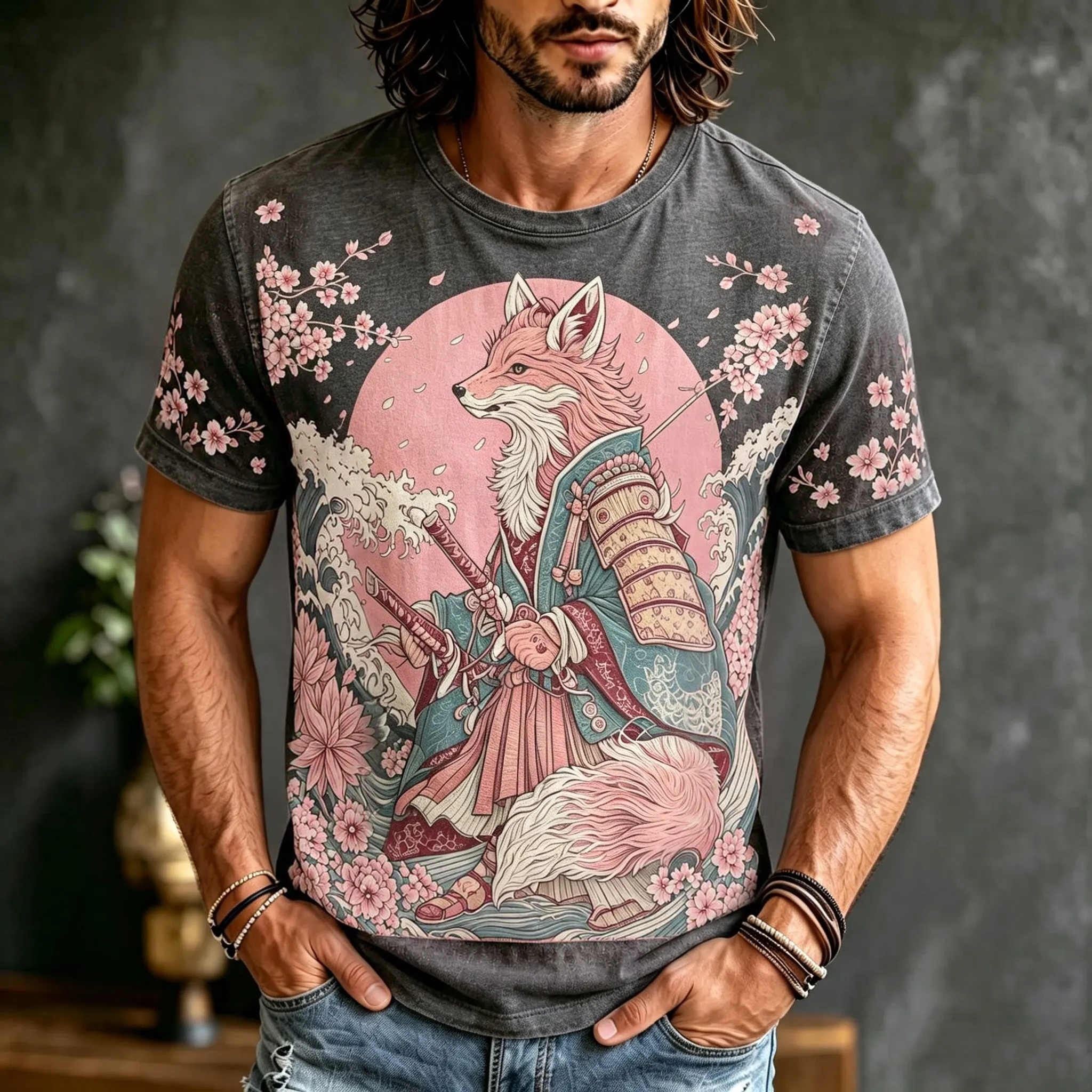 Men's Japanese Ukiyo-e Cherry Blossom And Fox Print Cotton Linen Comfortable T-shirt  artssus