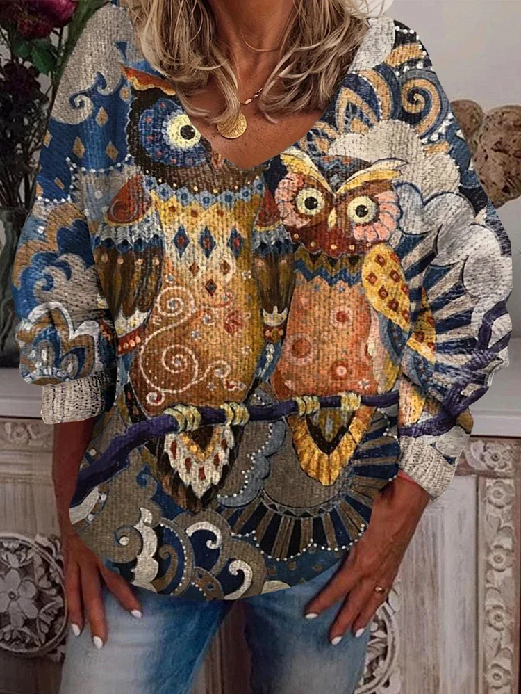 Vintage Owl Print V-Neck Long Sleeve Sweater