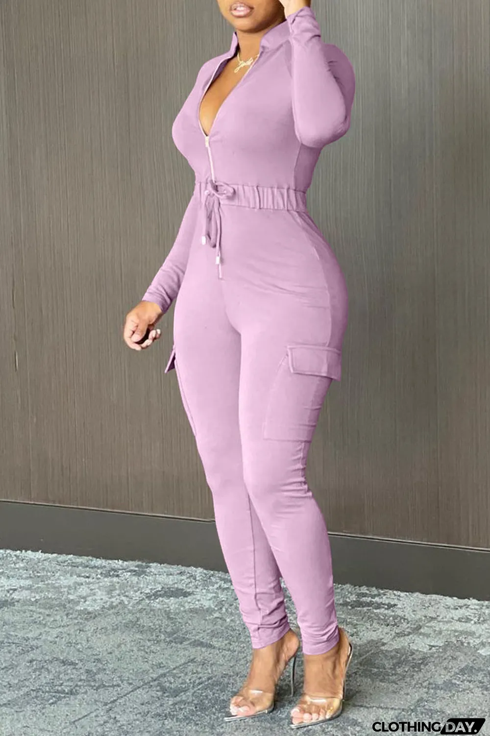 Tangerine Red Casual Solid Split Joint Draw String Pocket Zipper Collar Regular Jumpsuits