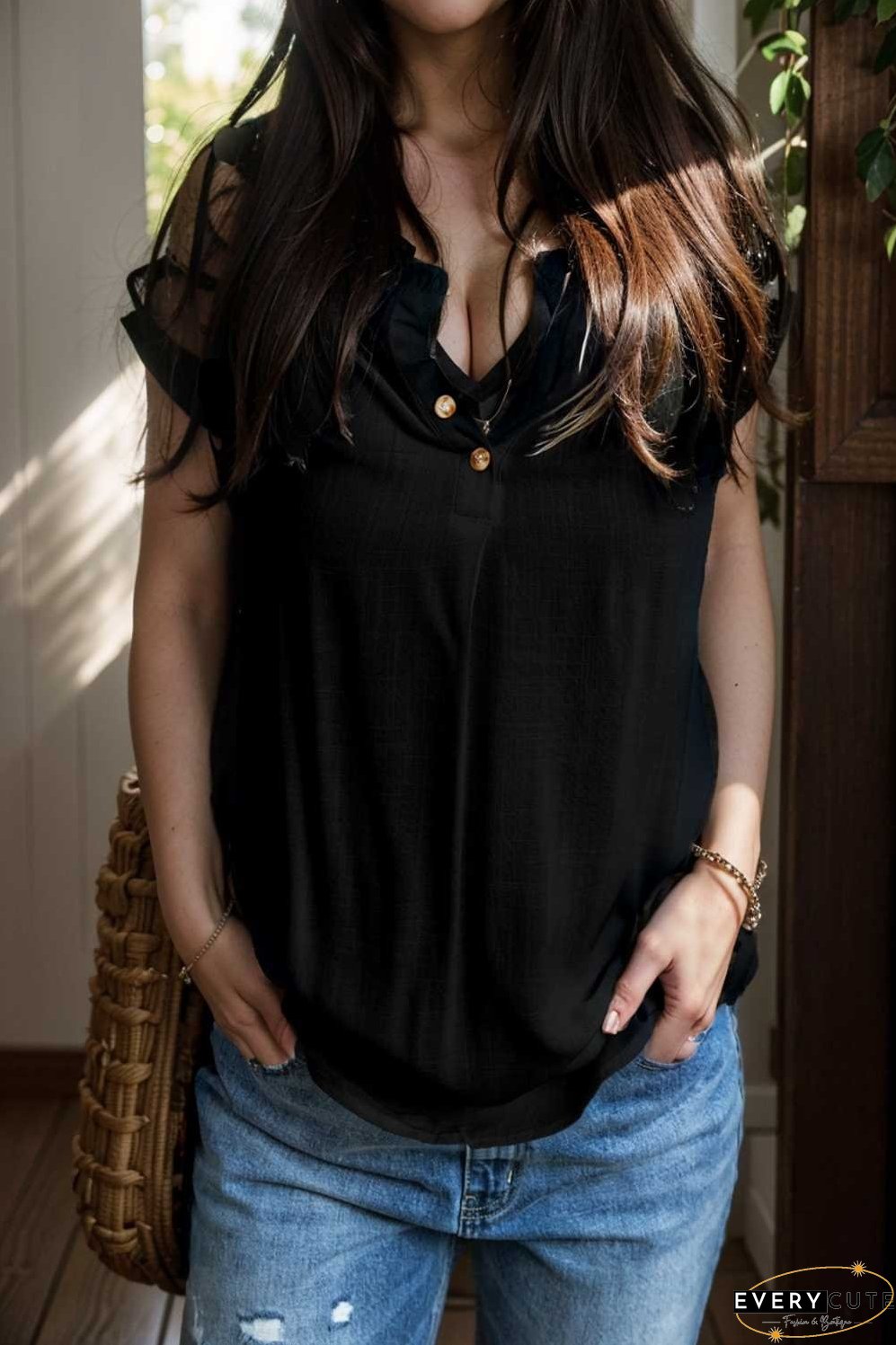 chic black ruffle trim v neck tank top