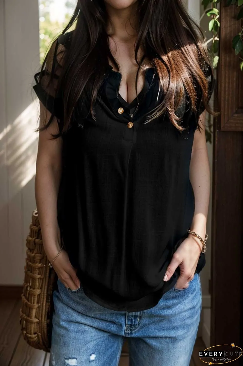 chic black ruffle trim v neck tank top