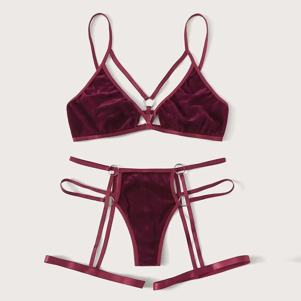 Sexy Bra Set Women Velvet Bandage Lingerie Female Wireless Intimates Bra Garter Panty Sets Erotic Sexy Underwear Seamless Bras