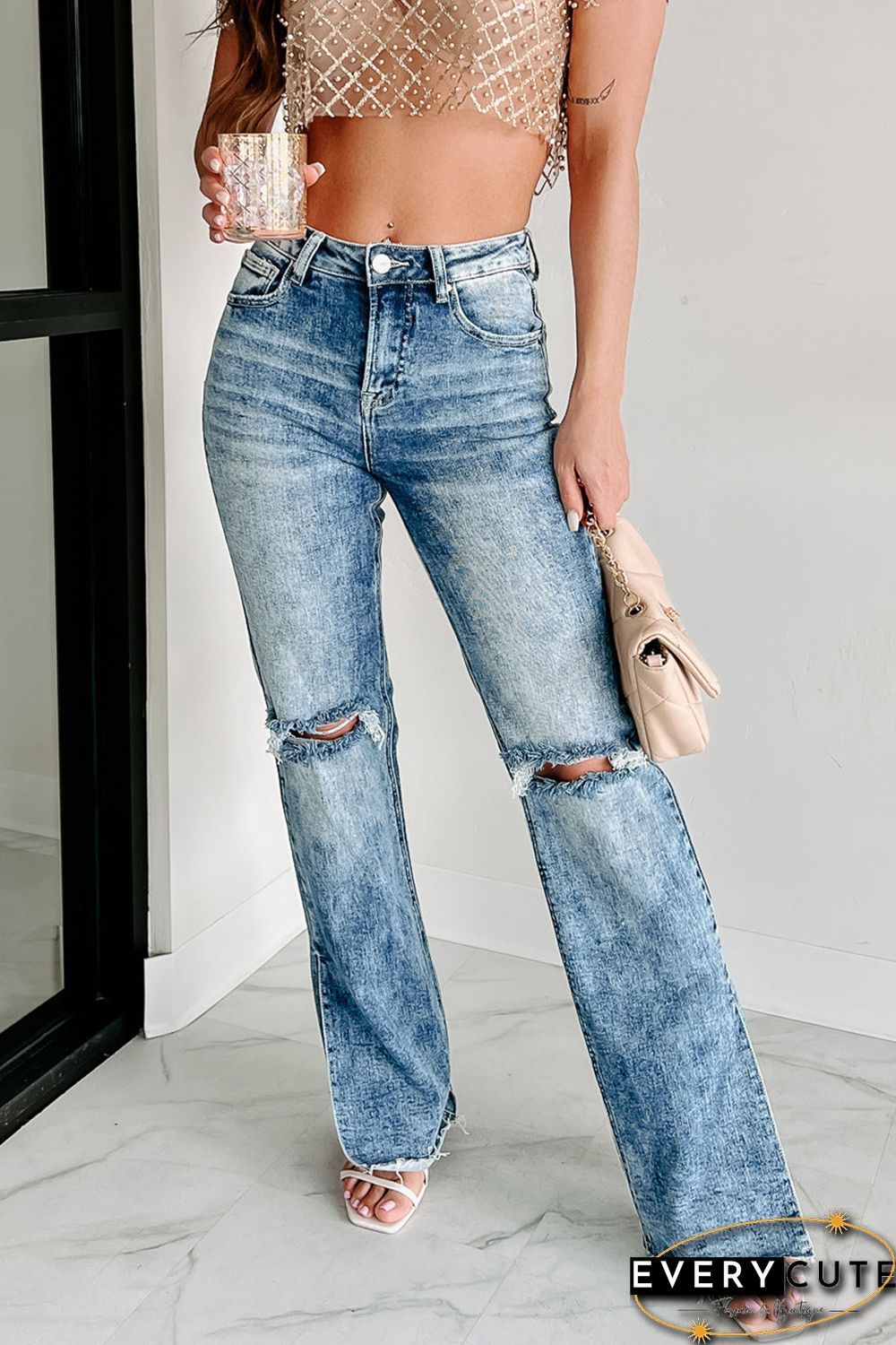 Sky Blue Vintage Distressed Split Hem Straight Leg Jeans