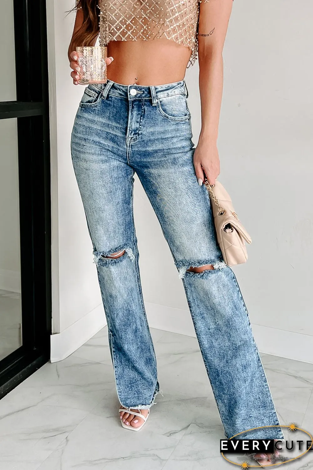 Sky Blue Vintage Distressed Split Hem Straight Leg Jeans