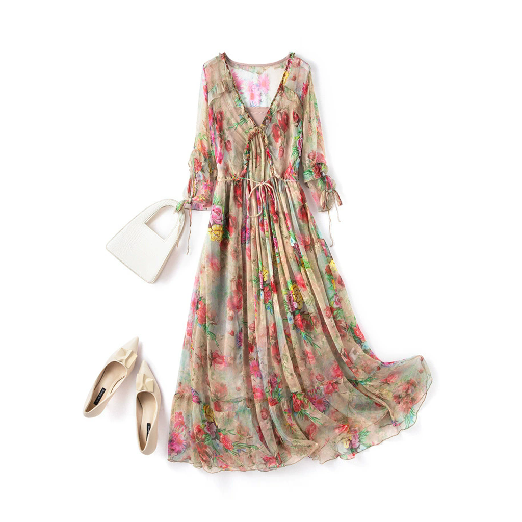 Bohemian-style Silk Dress with Colorful Floral Prints for Tropical Vacation REAL SILK LIFE