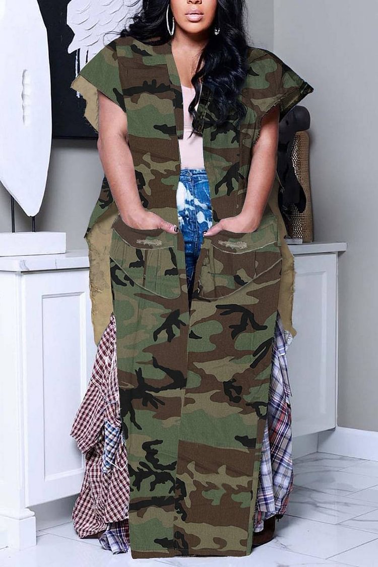Xpluswear Plus Size Daily Camouflage Denim With Pocket Sleeveless Floor Length Outwear  [Pre-Order]
