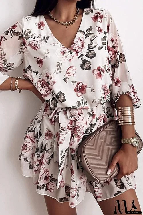 Floral V Neck Belted Mini Dress