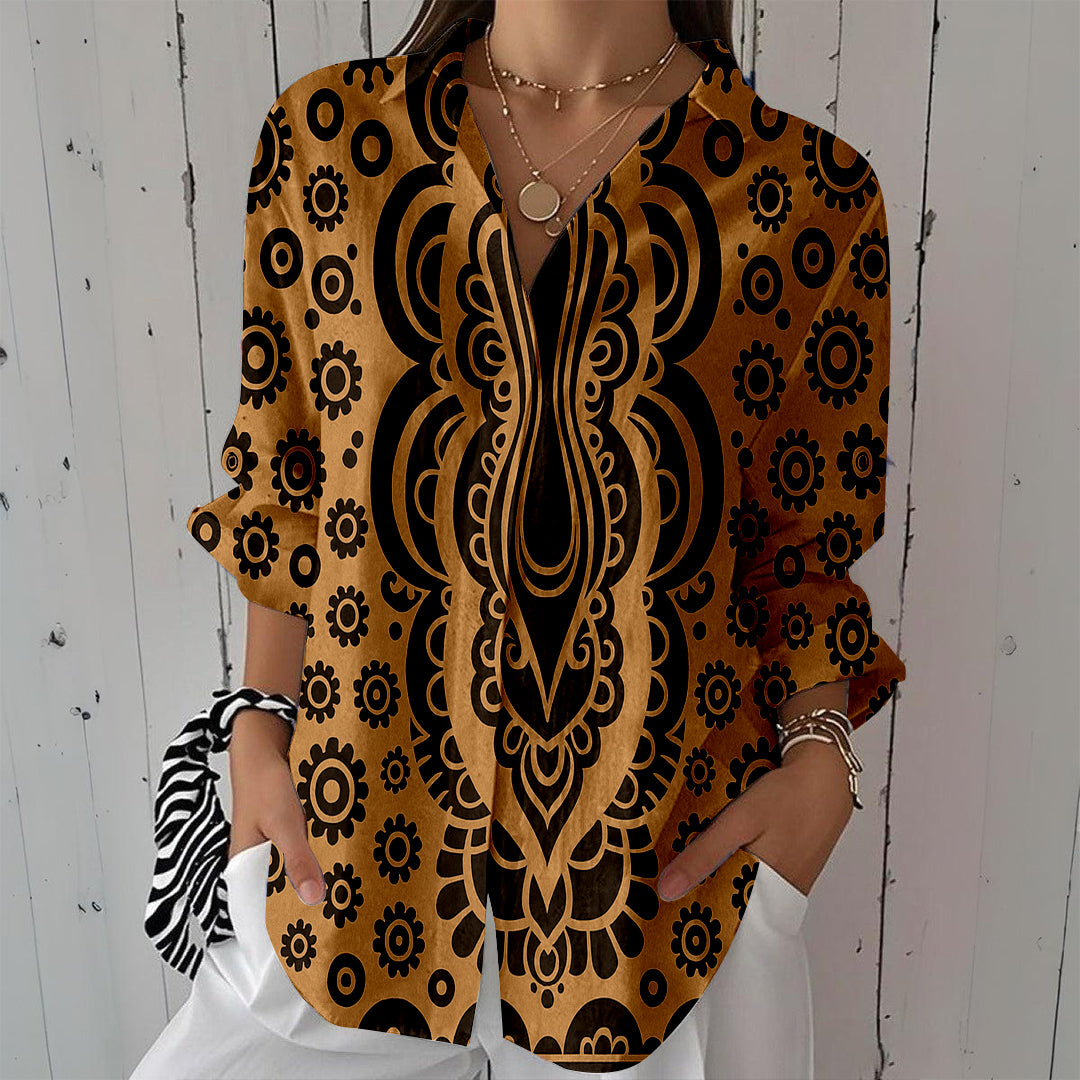 Women Long Sleeve V-neck Graphic Floral Printed Top
