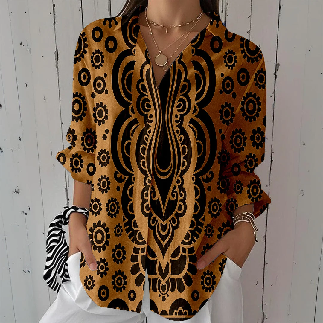 Style & Comfort for Mature Women Women Bohemian,  Apricot,  Black DZCL0420 3/4 Sleeve Shirt Collar Printed Button Tops