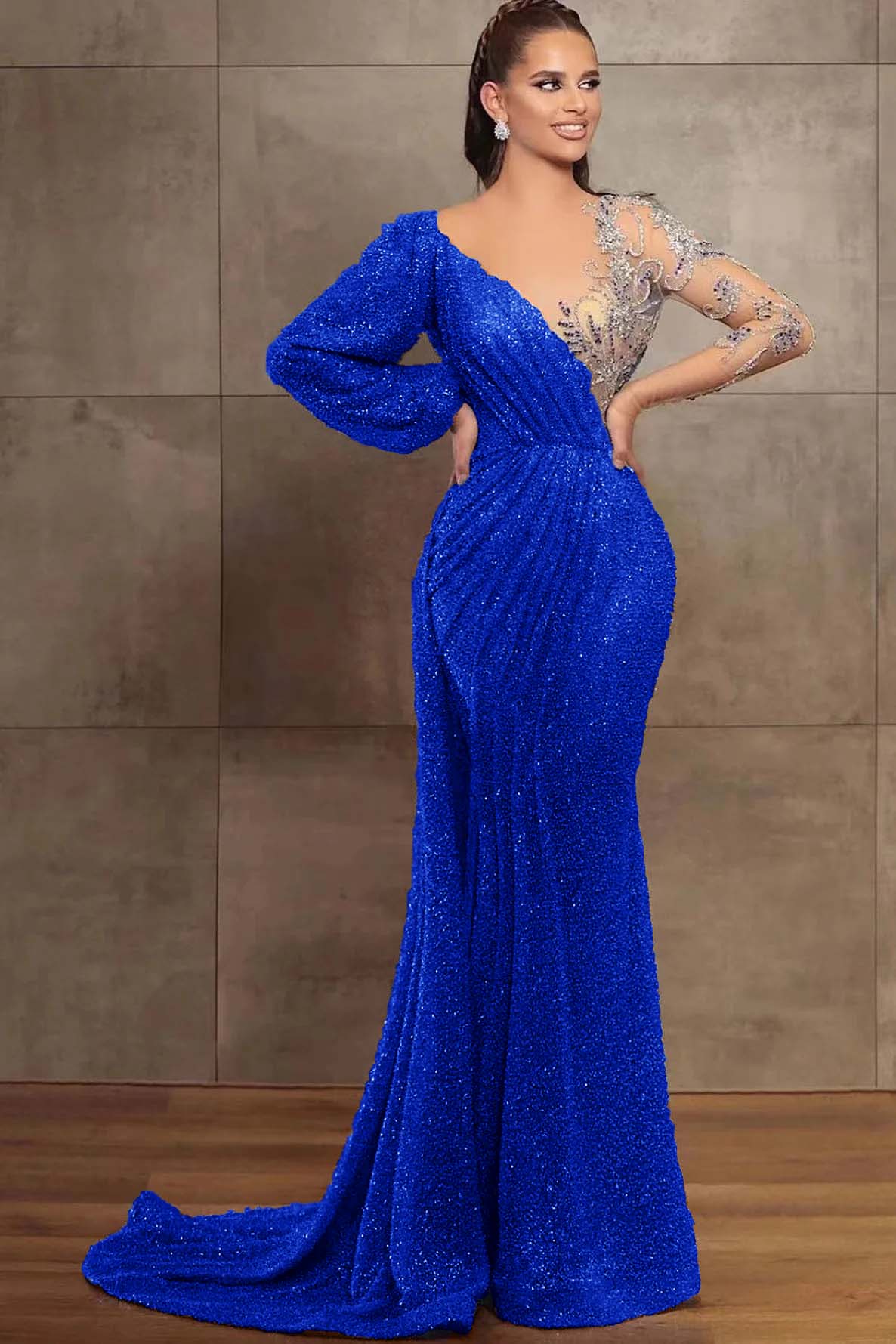 Hidais Amazing V Neck Long Sleeves Mermaid Evening Dress With Sequins 