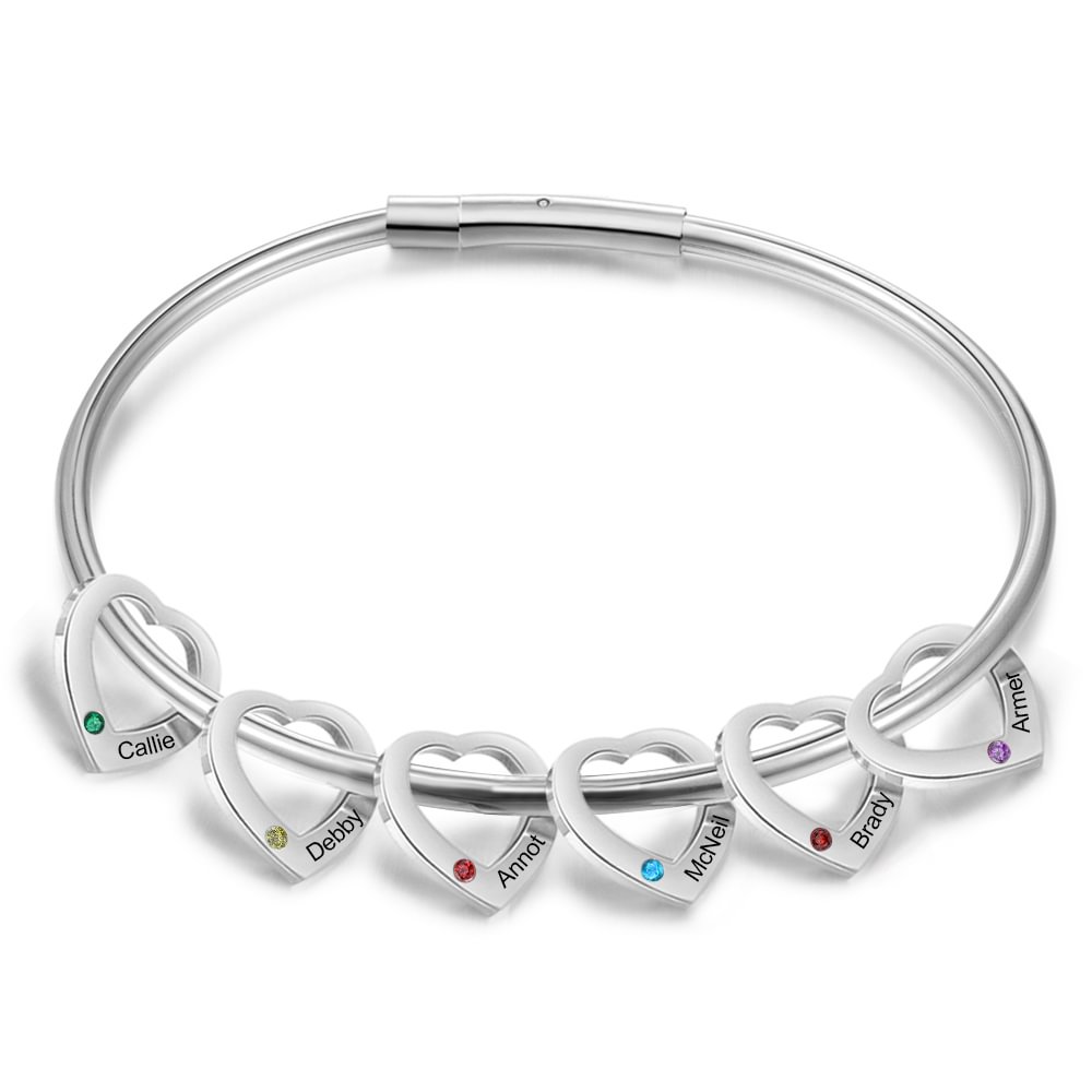 Personalisierter 6 Namen mit Geburtsstein Silbernes Herz-Anhänger-Armband n6-b6 Kettenmachen
