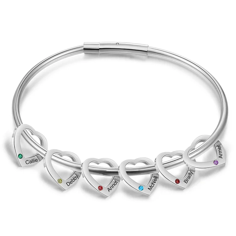 Personalized Heart Charm Bangle Bracelet with 6 Birthstones Engraved Names