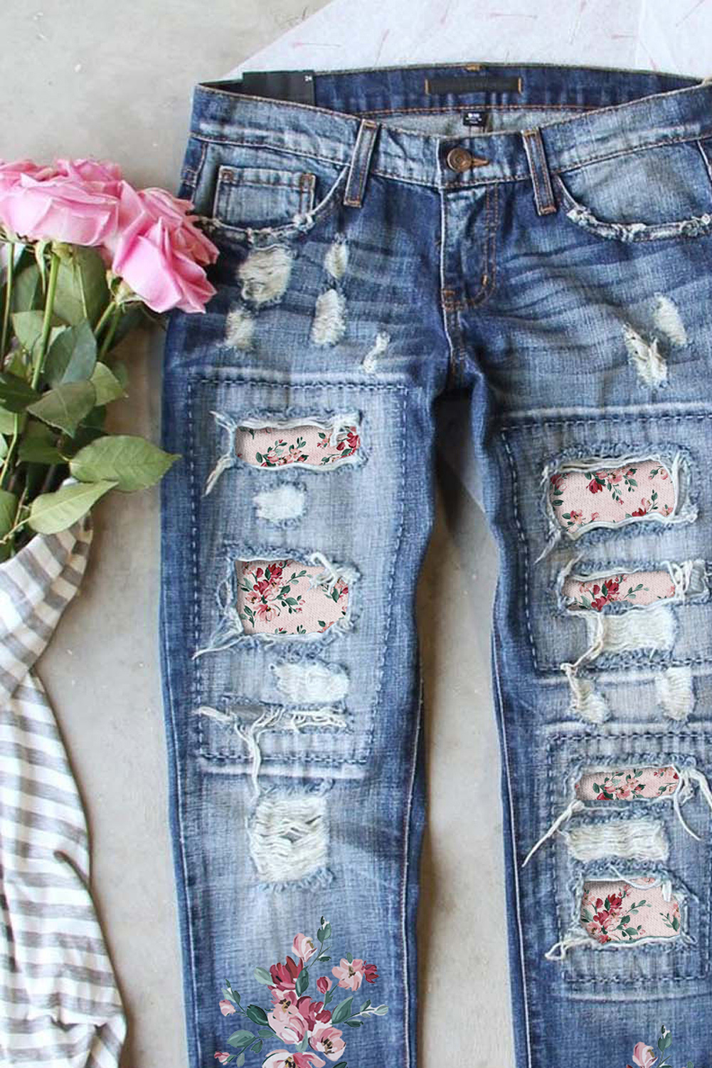 Sky Blue Flower Pattern Patchwork Slim Fit Distressed Jeans
