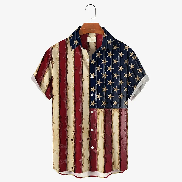 BrosWear Men'S Vintage Textured American Flag Plus Size Shirt