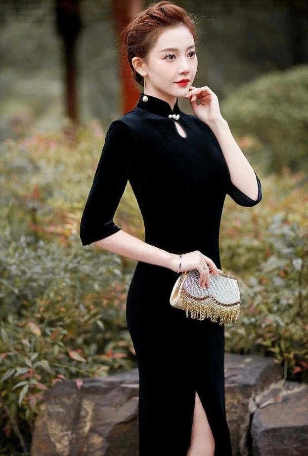 Qipao for event, velvet material, fish tail full length Qipao