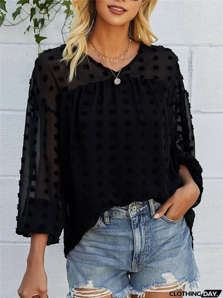 Relaxed Fit Oversized V Neck Semi Sheer Long Sleeve Swiss Dot Lightweight Blouse