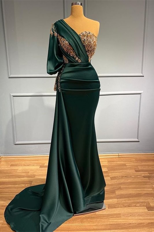 Dark Green Mermaid One-Shoulder Beads Prom Dress With Appliques | Ballbellas Ballbellas