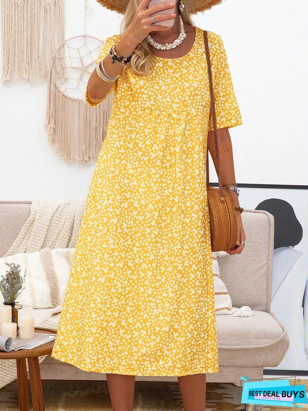 Women Short Sleeve Round Neck Floral-Print Causal Midi Dress