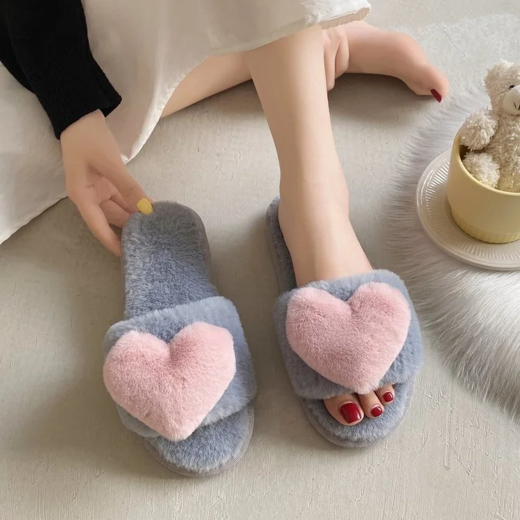 Wongn Wongn Slippers Women 2023 Winter New Korean Version Of Love Plush Warm Flat Cotton Slippers Home Slippers Women