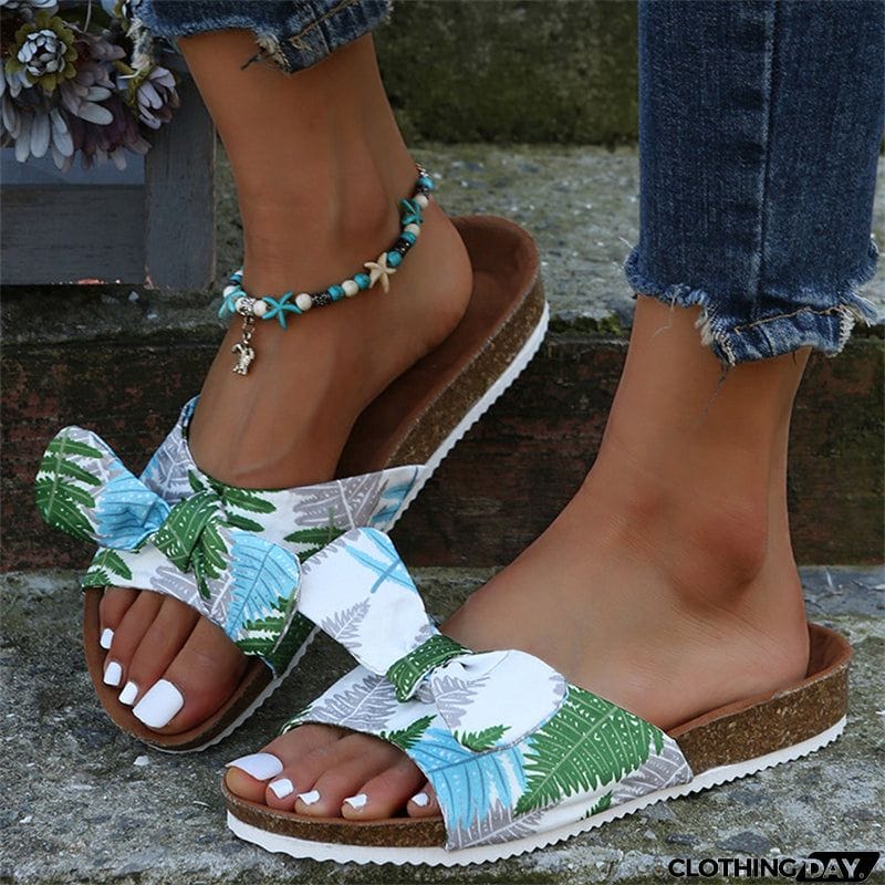 Fresh Print Lightweight Bowknot Women Slippers for Sandy Beach