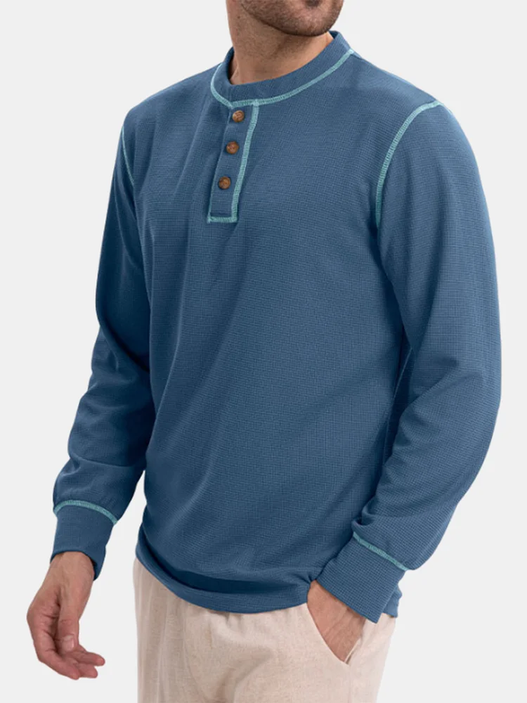 Men's Casual Waffle Solid Color Long Sleeve Henry Shirt