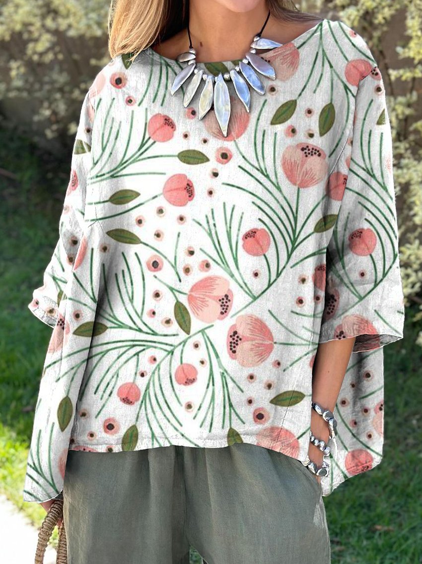 Pink Tulips Print Women's Print Casual Cotton And Linen Shirt