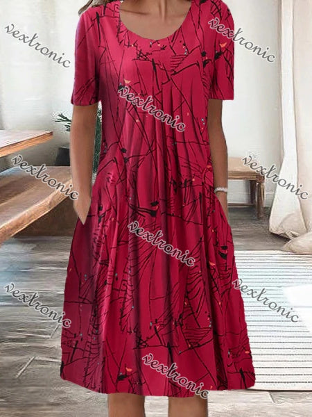 Women's Red Short Sleeve Scoop Neck Graphic Floral Printed Midi Dress