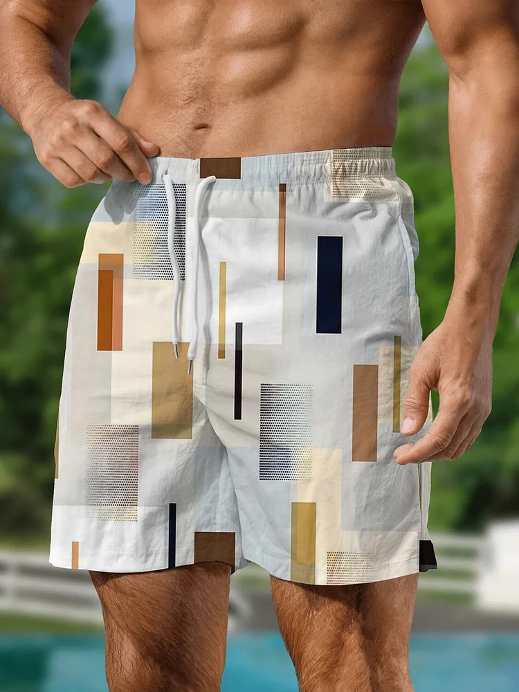 Men's Geometric Art Color Block Print Vacation Shorts