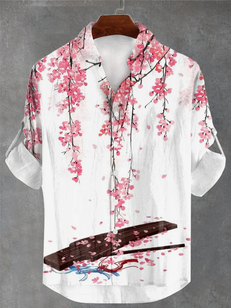 Men's Japanese Oriental Ink Sakura Guqin Art Print Linen Blend Shirt
