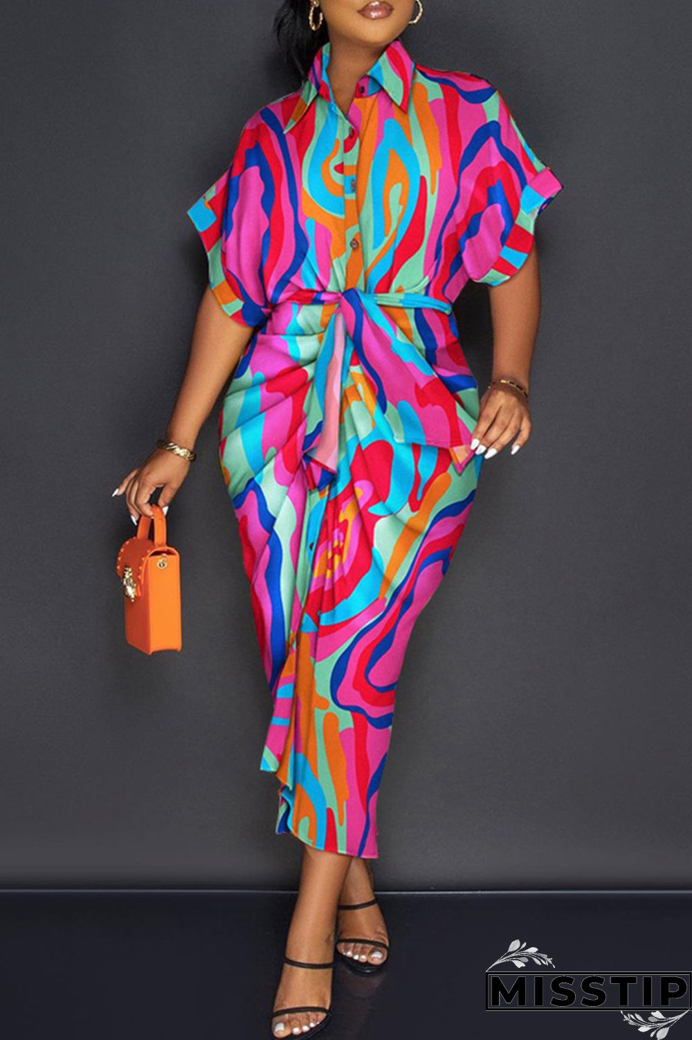 Blue Fashion Casual Print Patchwork Turndown Collar Shirt Dress