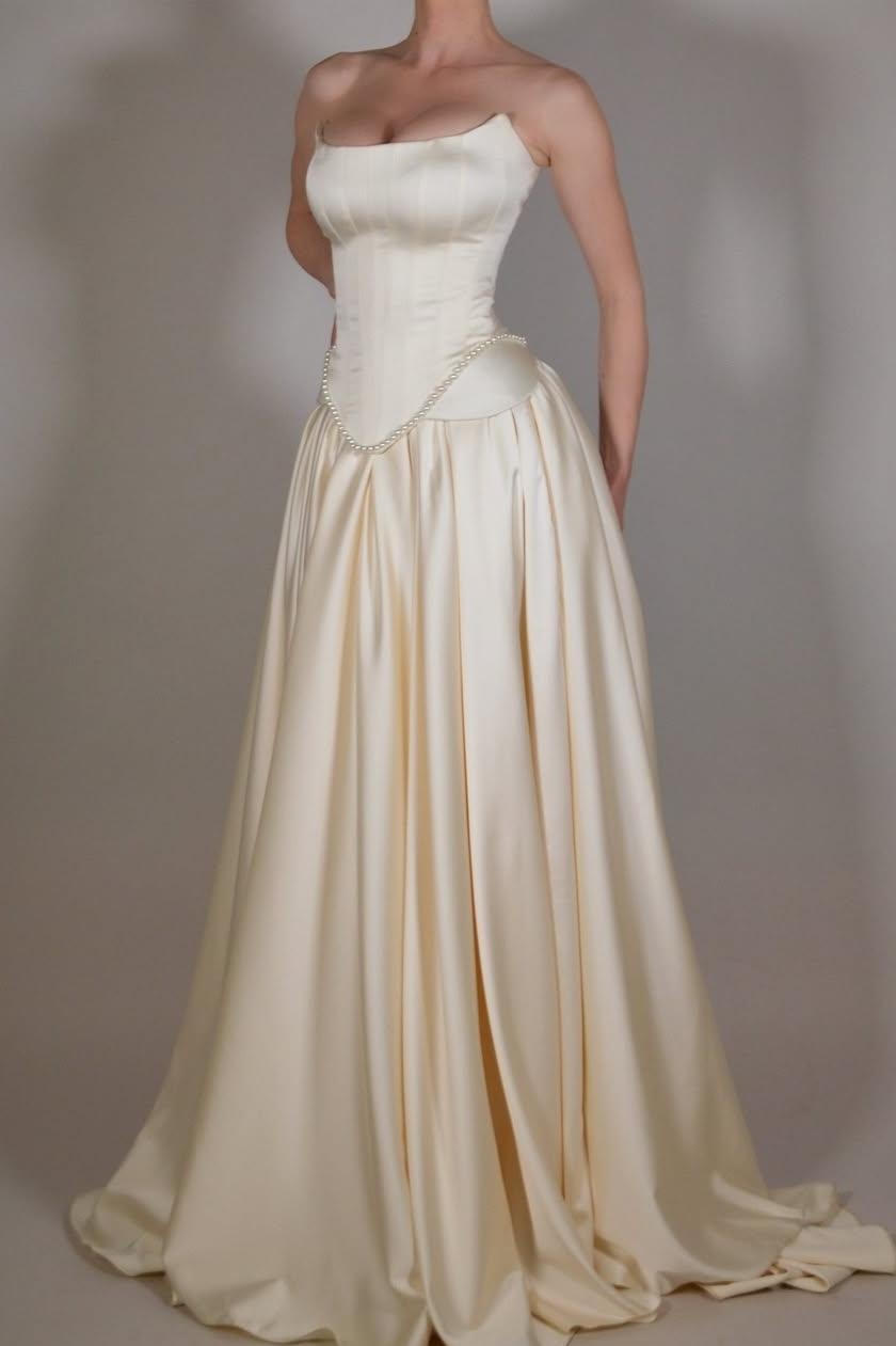 Ovlias Stunning Strapless Pearl Split Satin Ribbon-tied Formal Prom Dress XJ0463