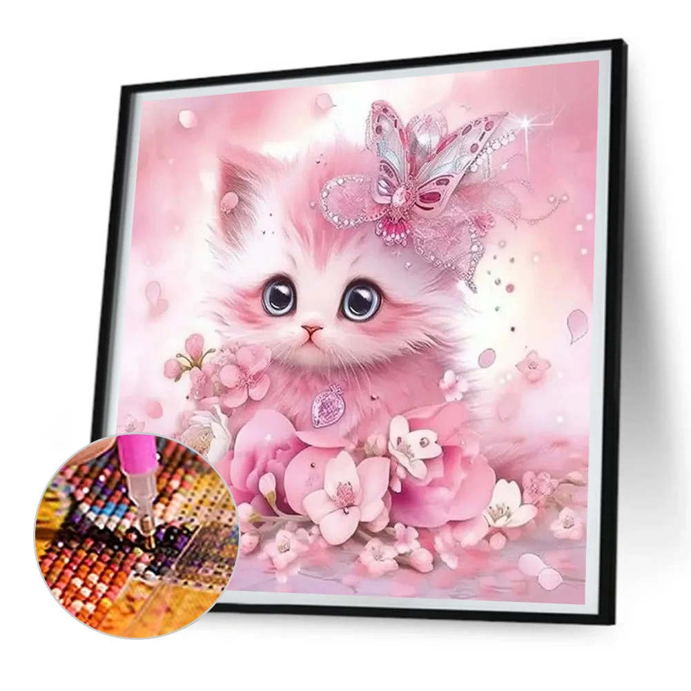Diamond Painting - Full Round Drill - Pink Cute Cat(Canvas|30*30cm)